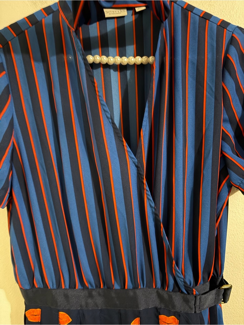 New York & Company Navy and Orange Striped & Pleated Midi Dress - Picture 6 of 15
